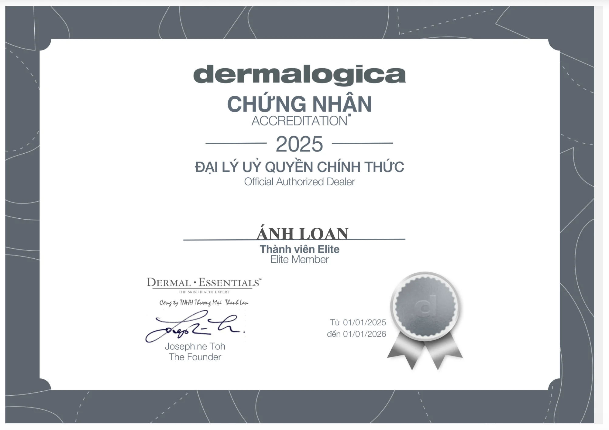 Chung nhan dai ly Anh Loan Dermalogica 2025